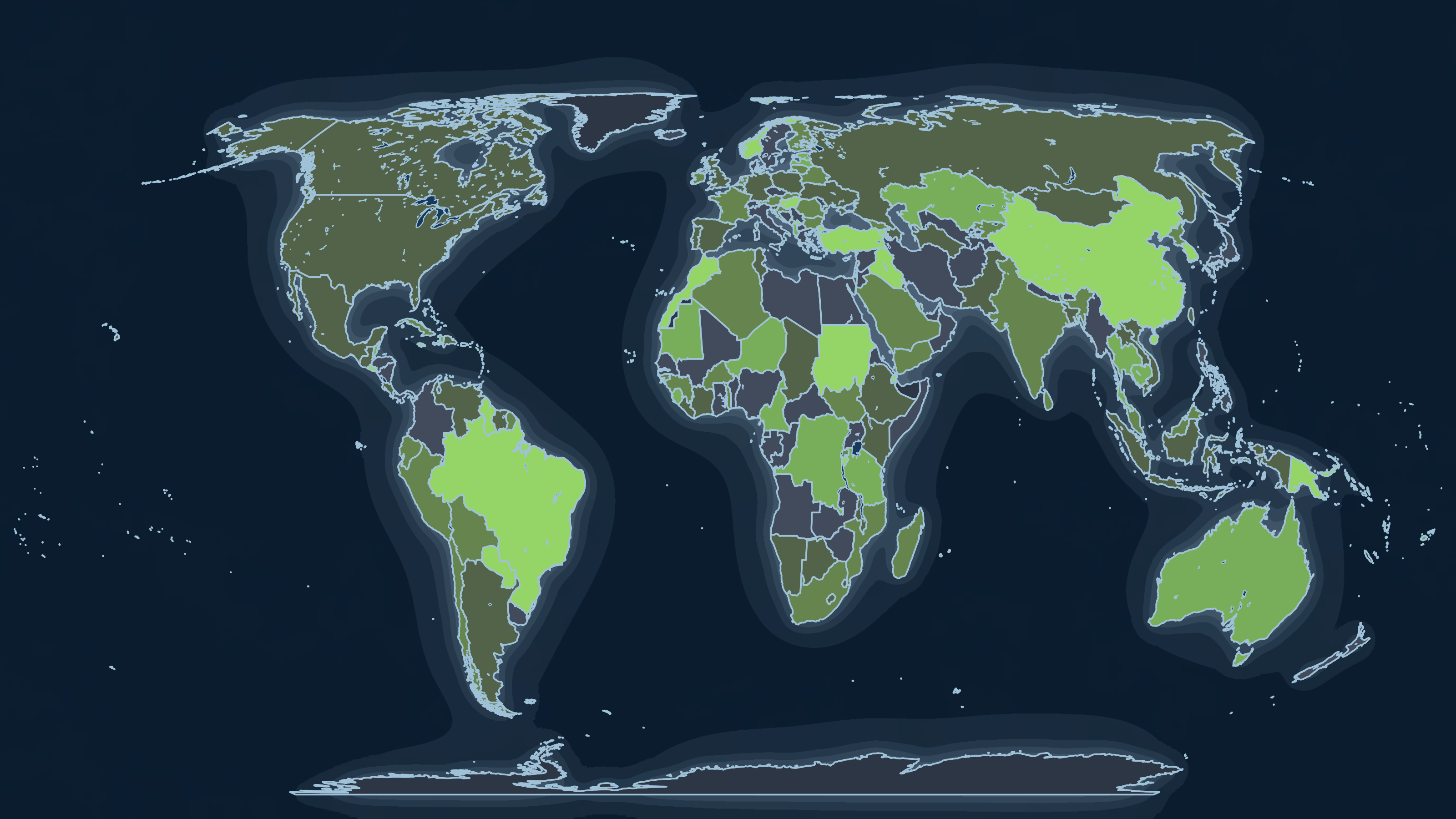 World map in night colors, every country shaded by how well you know it
